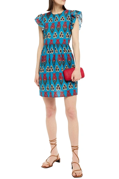 Red Valentino Open-back Gathered Printed Cotton-poplin Mini Dress In Petrol