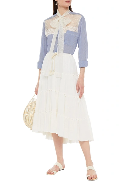 Red Valentino Pussy-bow Point D'esprit-paneled Striped Cotton And Silk-blend Shirt In White