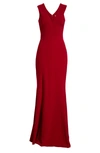 Dress The Population Sandra Plunging V-neck Sleeveless Crepe Gown In Garnet