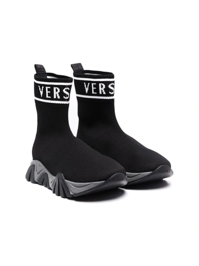 Versace Logo Print Knit Sock Slip-on Trainers In Black