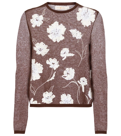 Tory Burch Jumper In Cotton Blend With Embroidered Flowers In Brown