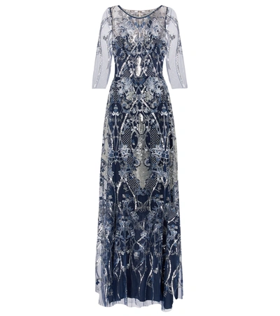 Marchesa Notte Sequin Embroidered Tulle A-line Gown In Blue