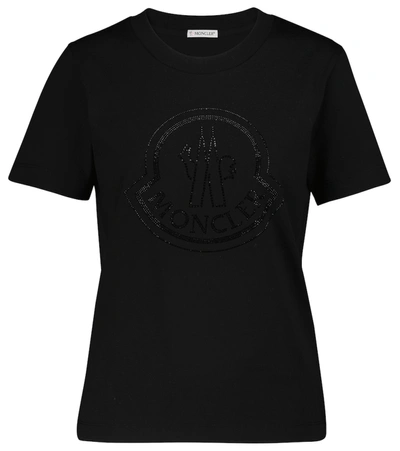 Moncler Crystal-embellished Logo Cotton T-shirt In Black