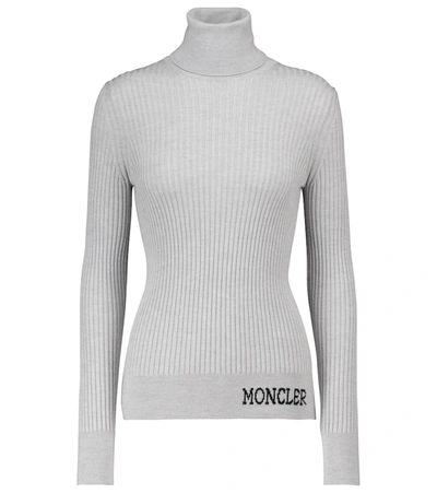 Moncler Brand-embroidered Turtleneck Wool Jumper In Light Grey