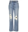 Khaite Abigail Ripped High Waist Crop Straight Leg Jeans In Blue
