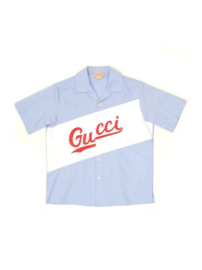 Gucci Kids' Logo棉质衬衫 In Light Blue