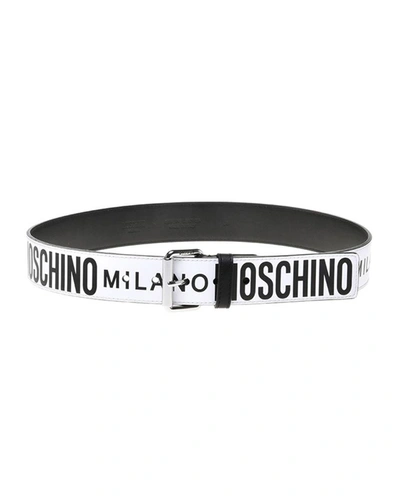 Moschino Men's Two-tone Allover Logo Leather Belt In White