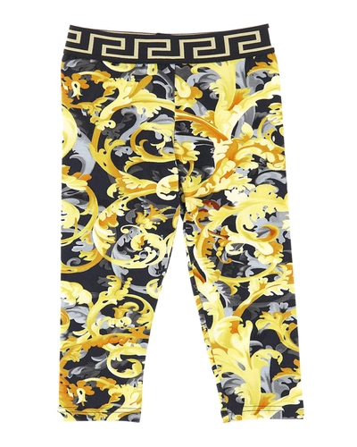 Versace Leggings With Characteristic Greca Detail And Kids Baroque Print In Nero/oro