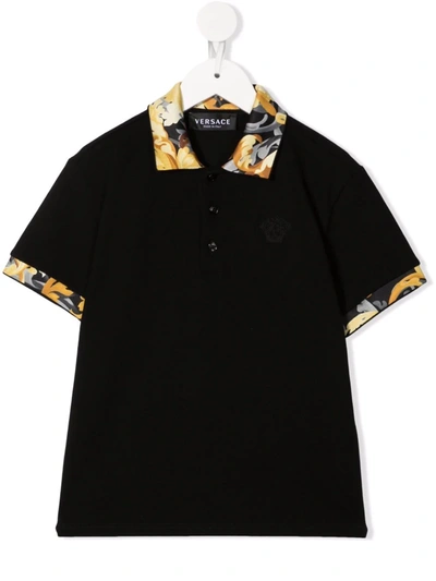Versace Teen Baroccoflage-trim Polo Shirt In Black