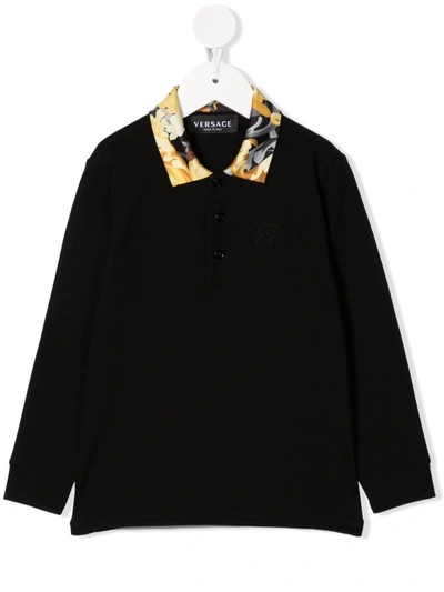 Versace Babies' Baroque-print Collar Polo Shirt In Black