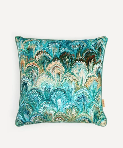 Susi Bellamy Duck-egg Bouquet Marbled Velvet Square Cushion In Turquoise