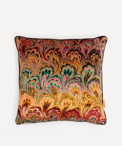 Susi Bellamy Peacock Bouquet Marbled Velvet Square Cushion In Multicoloured