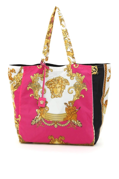 Versace Nylon Medusa Renaissance Print Tote Bag In Fuchsia,white,gold