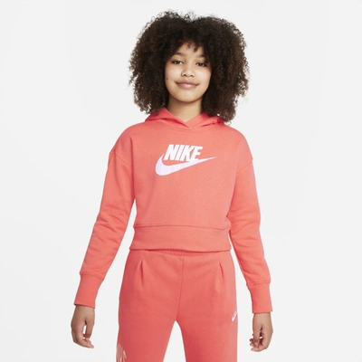 Nike Sportswear Club Big Kids' French Terry Cropped Hoodie In Magic Ember,white,pink Foam