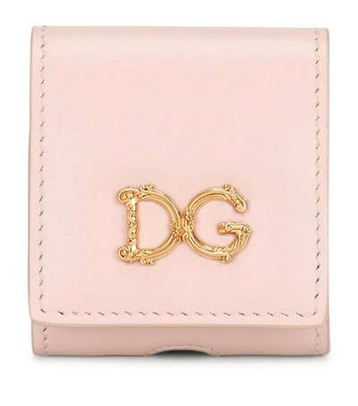 Dolce & Gabbana Calfskin Airpods Case With Baroque Dg Logo In Pink