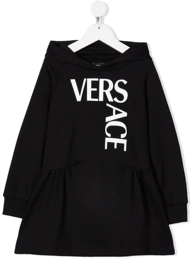 Versace Kids' Logo Print Cotton Sweat Dress Hoodie In Black