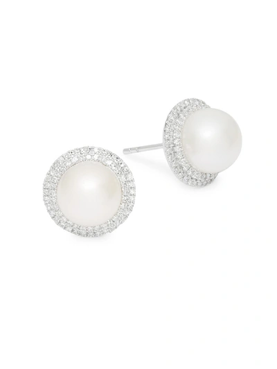 Effy Women's 14k White Gold, 6mm White Freshwater Pearl And Diamond Stud Earrings