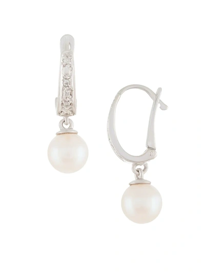 Masako Women's 14k White Gold, 7-7.5mm White Cultured Akoya Pearl & Diamond Drop Earrings
