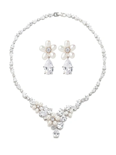 Eye Candy La Women's Luxe Emma 3mm White Oval Freshwater Pearl & Crystal Necklace & Drop Earrings Set