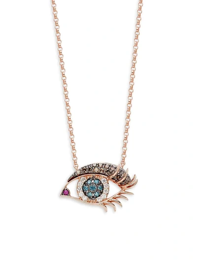 Effy Women's 14k Rose Gold White, Black & Blue Diamond & Ruby Eye Pendant Necklace