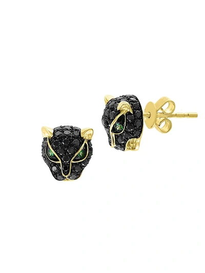 Effy Women's 14k Yellow Gold, Black Diamond & Tsavorite Panther Stud Earrings