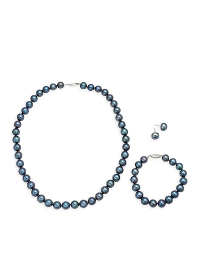 Belpearl Women's Sterling Silver & Semi-round Black Pearl Necklace, Bracelet & Earrings Set