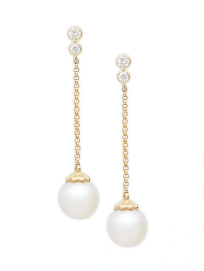 Effy Women's 8mm White Round Freshwater Pearl 14k Yellow Gold & Diamond Linear Drop Earrings