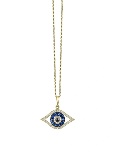 Effy Women's Novelty 14k Yellow Gold, Sapphire, White & Black Diamond Evil Eye Pendant Necklace