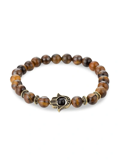 EYE CANDY LA MEN'S GOLDTONE & AGATE BEADS HAMSA HAND STRETCH BRACELET,0400012094353