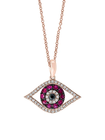 Effy Women's 14k Rose Gold Pink Ruby, Black & White Diamond Evil Eye Pendant Necklace