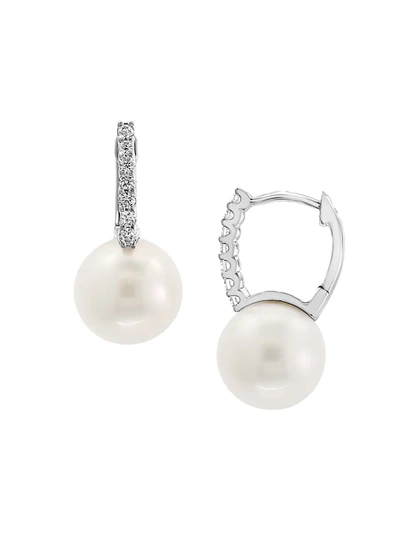 Effy Women's 14k White Gold, 9.5mm White Pearl & Diamond Drop Huggies Earrings