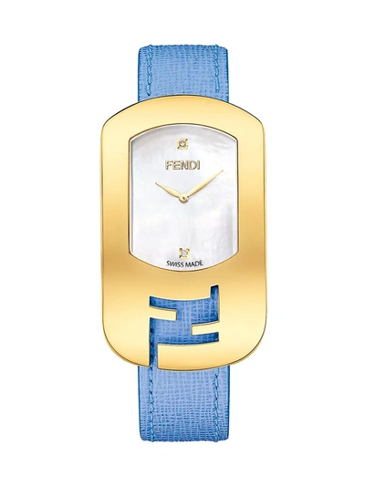 Fendi Women's Chameleon Goldtone Stainless Steel, Mother-of-pearl & Saffiano Leather Large Signature Strap In Sapphire