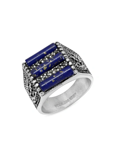 Anthony Jacobs Men's Stainless Steel, Blue Lapis & Gray Faux-diamond Ring