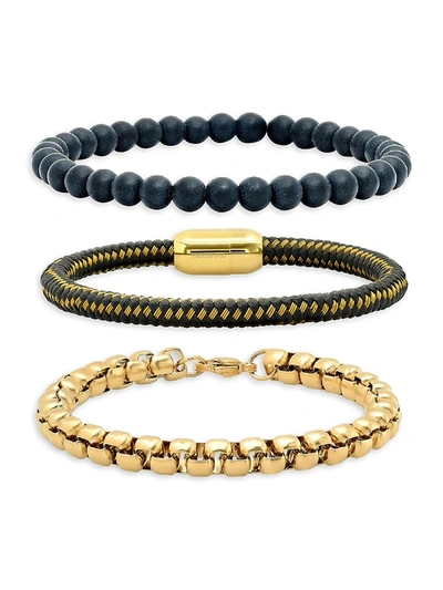 Anthony Jacobs Men's 3-piece 18k Gold-plated Stainless Steel, Black Lava & Leather Bracelet Set