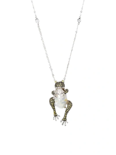 Cz By Kenneth Jay Lane Women's Animal Trend Rhodium-plated, Freshwater Pearl & Crystal Frog Pendant Necklace In White