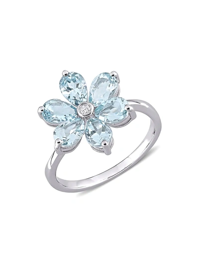 Sonatina Women's 14k White Gold, Aquamarine & Diamond Flower Ring