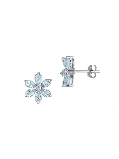 Sonatina Women's 14k White Gold, Aquamarine & Diamond Floral Stud Earrings