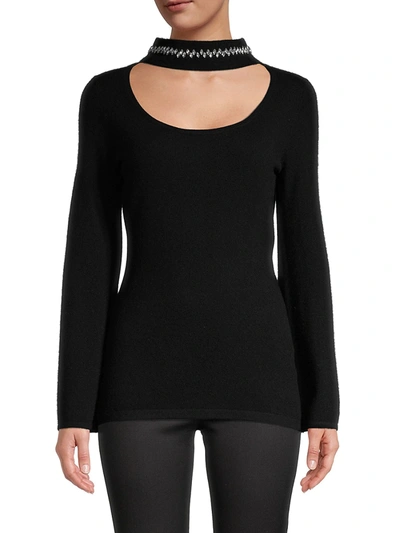 Qi Cashmere Women's Embellished Choker Cashmere Sweater In Black
