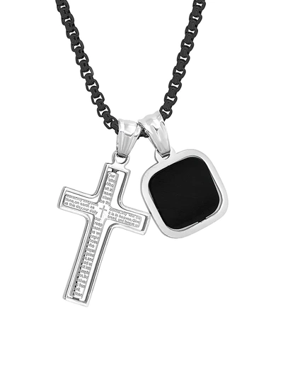 Anthony Jacobs Men's Two-tone Stainless Steel Rotating Cross & Faux-onyx Square Pendant Necklace