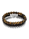ANTHONY JACOBS MEN'S 3-PIECE STAINLESS STEEL, LEATHER & TIGER'S EYE BEADED BRACELET SET,0400012906464
