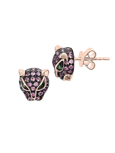 Effy Women's 14k Rose Gold, Pink Sapphire & Tsavorite Cat Stud Earrings