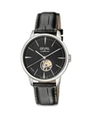 GEVRIL MEN'S MULBERRY OPEN HEART & EXHIBITION BACK STAINLESS STEEL & LEATHER-STRAP WATCH,0400013357436