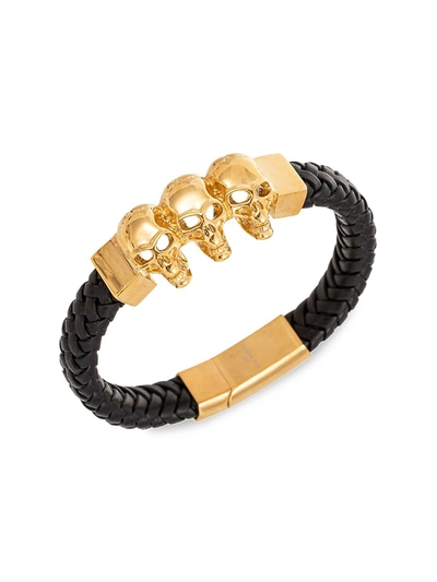 Eye Candy La Men's Thomas Skull Goldtone & Leather Bracelet In Black