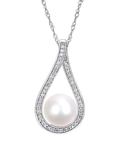 Sonatina Women's 14k White Gold, 9-9.5mm Freshwater Pearl & Diamond Teardrop Pendant Necklace