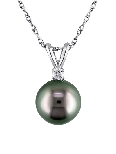 Sonatina Women's 14k White Gold, 8.5-9mm Black Tahitian Cultured Pearl & Diamond Pendant Necklace