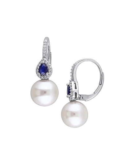 Sonatina Women's 14k White Gold, Sapphire, 9.5-10mm White Cultured Pearl & Diamond Earrings