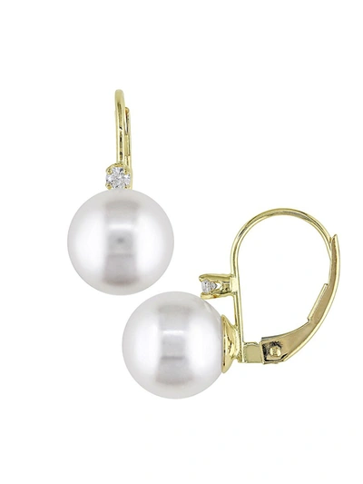 Sonatina Women's 14k Yellow Gold, 9-9.5mm White Round Freshwater Cultured Pearl & Diamond Earrings
