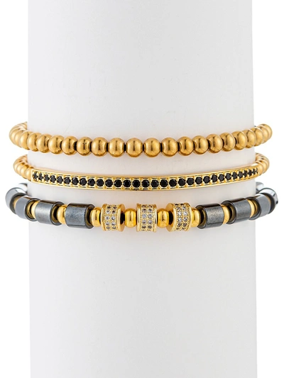 Eye Candy La Men's Ezra 3-piece Goldtone Lapis & Cubic Zirconia Beaded Bracelet Set In Neutral