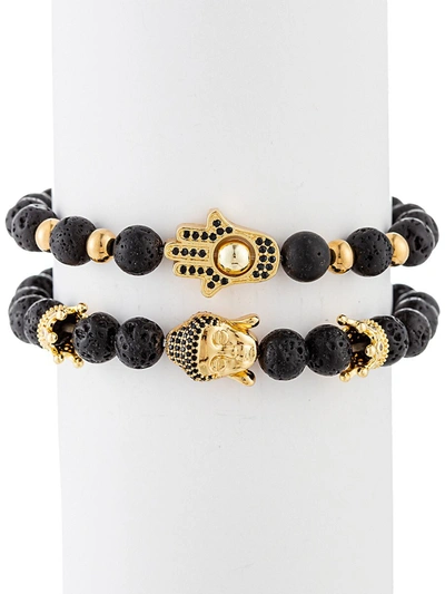 Eye Candy La Men's Ethan 2-piece Hamsa & Buddha Goldtone Lava Beaded Bracelet Set In Brass