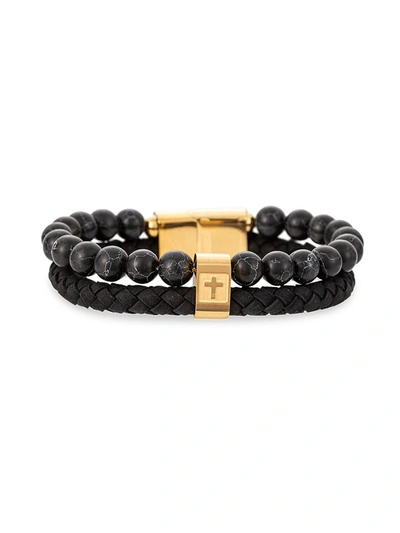 Eye Candy La Men's Gabriel Goldtone, Leather & Agate Beaded Bracelet In Neutral
